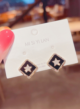 韩国复古黑色几何方形耳环时尚百搭气质五角星耳钉小巧精致耳饰女