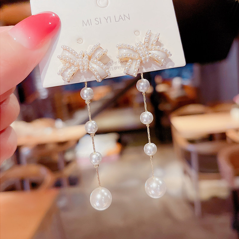 法式复古珍珠蝴蝶结长款流苏耳环高级感轻奢耳坠耳钉气质秋冬耳饰