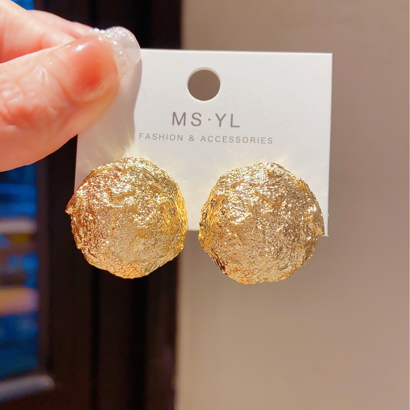 欧美重工熔岩凹凸肌理圆球耳饰锡纸纹金色豆豆耳钉显气质百搭耳环