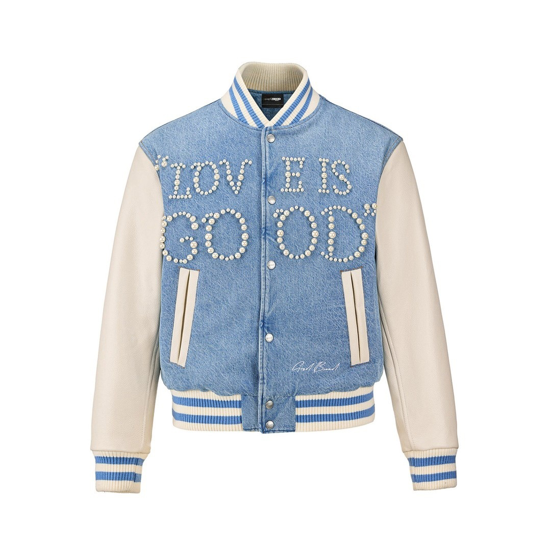 GOODBRAND珍珠牛仔蓝棒球服外套