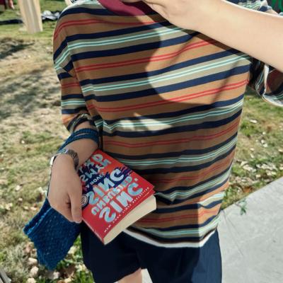 不月家 韩单复古领口撞色条纹短袖T