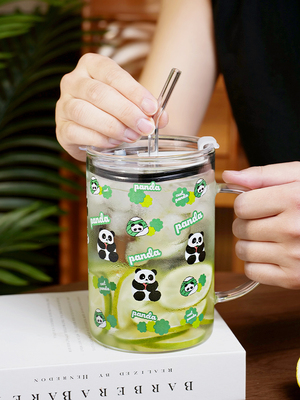 大容量吸管杯带把手高硼硅玻璃杯办公室女生刻度泡茶杯家用喝水杯