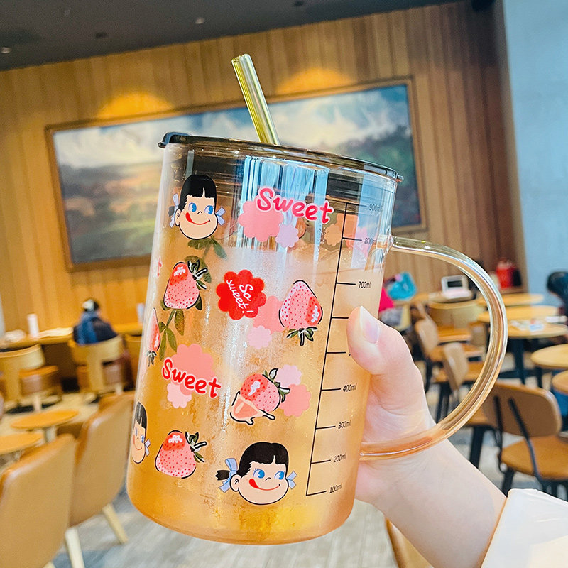 琥珀色卡通水杯玻璃杯高颜值女杯子家用喝水带把带吸管咖啡牛奶杯