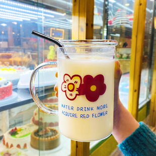 杯子 玻璃杯大容量1000ml少女心带把带盖吸管水杯早餐超大创意个性