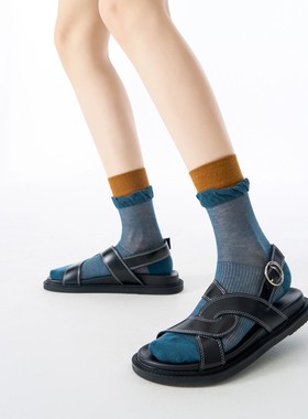 toooot卷边网眼轻薄透气丝袜女撞色玻璃丝水晶袜双罗口薄款棉小众