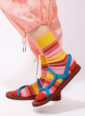 toooot复古韩系立体渐变条纹毛毛虫袜彩虹拼色凹凸立体条纹肌理女