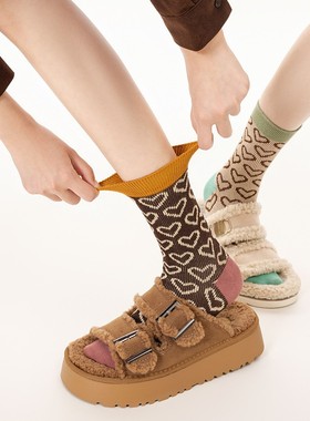 toooot日系少女感彩色袜子女中筒袜秋冬复古满印爱心学院风长筒袜