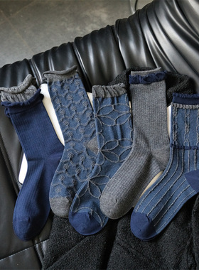 toooot格雷系穿搭秋冬袜女精梳棉日系miu系花纹花边长筒配小皮鞋