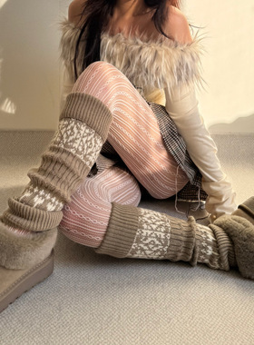 toooot秋冬北欧复古费尔岛针织提花撞色圣诞羊毛保暖翻边腿套袜套