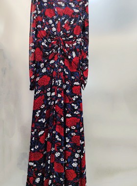 法式浪漫魅惑红色印花zz同款v领弹力网纱女连衣裙2025春夏新款