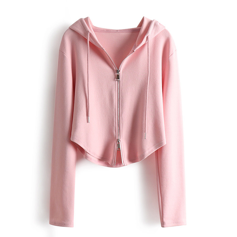 韩国粉色连帽长袖卫衣女2025年春秋新款运动开衫外套修身短款上衣