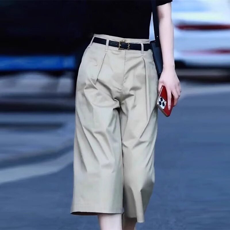 韩版复古直筒阔腿西装裤女2025年夏季新款高腰褶皱宽松显瘦七分裤
