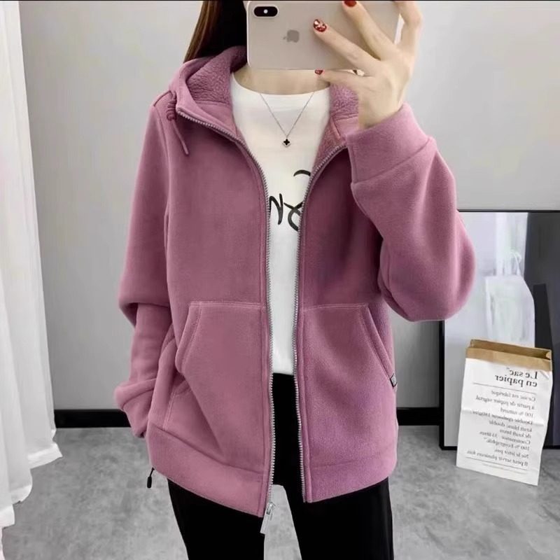 加绒加厚保暖连帽抓绒衣女2025秋冬摇粒绒休闲立领开衫卫衣外套男