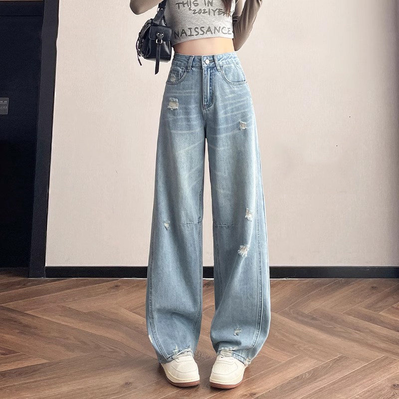 窄版高腰宽松阔腿牛仔裤女2025夏季新款小个子薄款破洞直筒弯刀裤