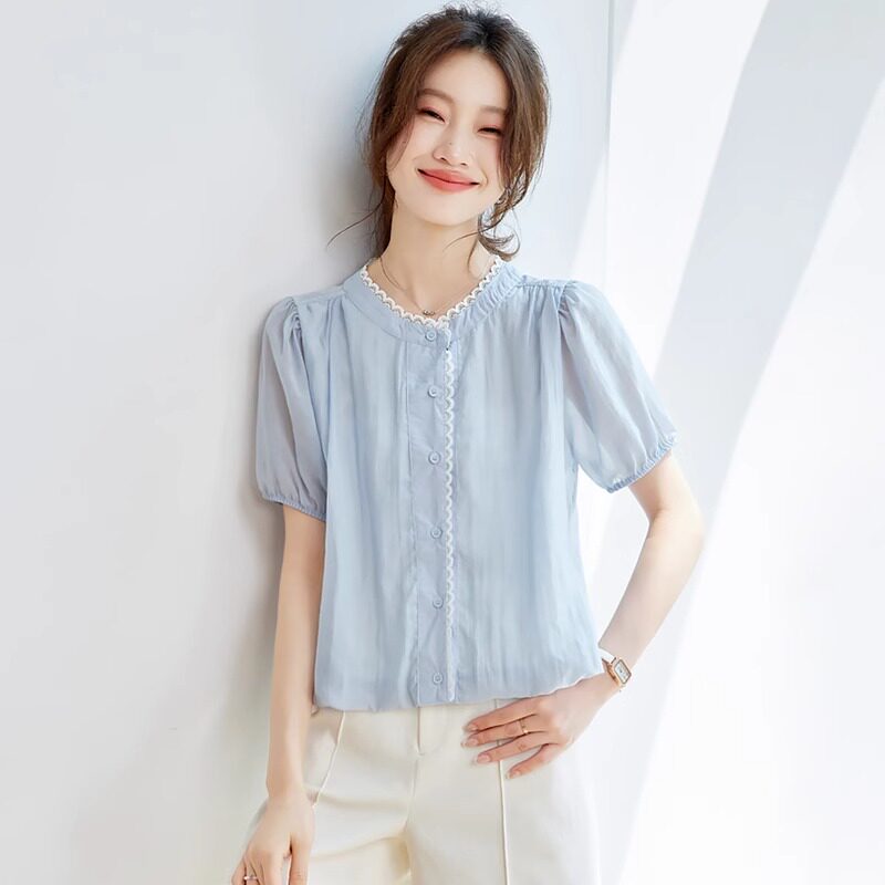 法式蓝海气质减龄短袖t恤女2025年夏季新款泡泡袖小个子宽松上衣