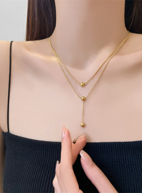 钛钢双层项链女小众高级设计感小圆珠锁骨链2025年新款潮简约配饰