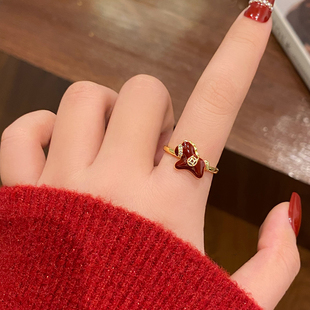 红色生肖小马开口新年戒指女马年本命年指环小众设计百搭食指戒