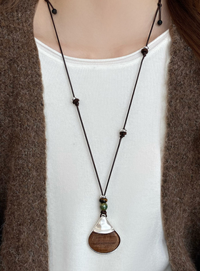 棕色长款皮绳毛衣项链毛衣链秋冬女百搭气质高级感轻奢小众配饰女