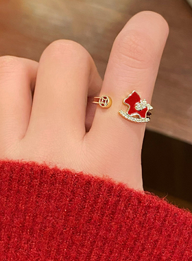 马年红色铜钱小马戒指开口戒指女