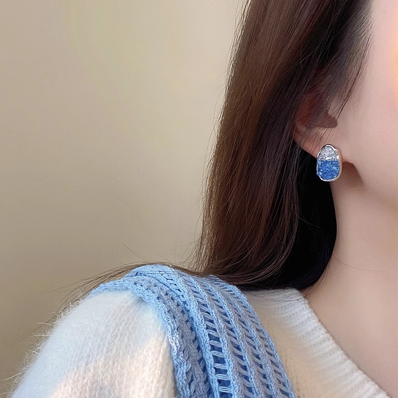 渐变蓝色锆石耳钉女纯银设计感
