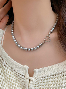 新款灰色珍珠银色爱心扣