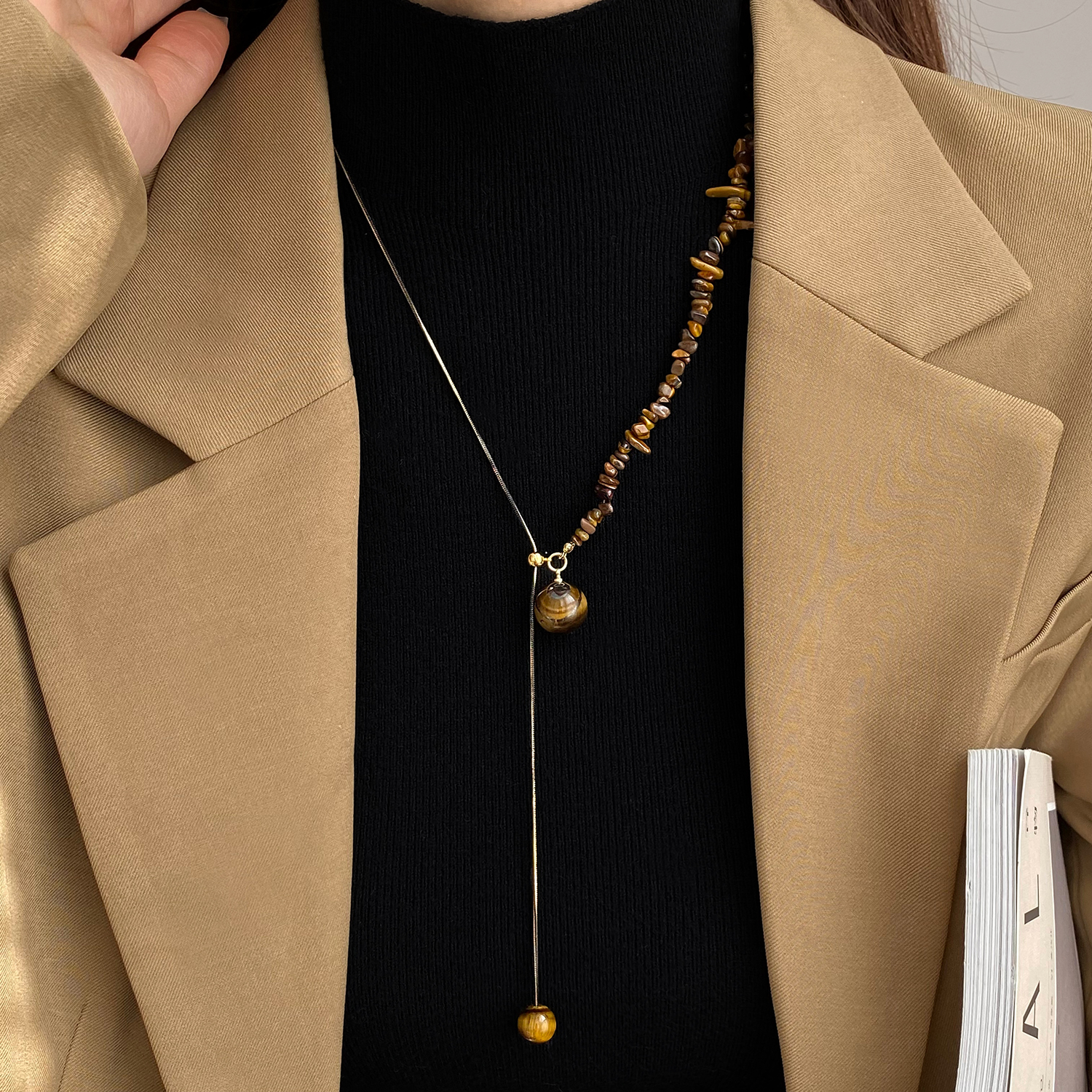 百搭长款毛衣链虎眼石串珠项链