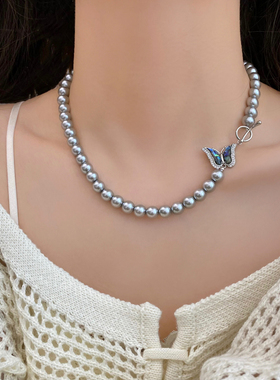 新款蝴蝶扣珍珠项链时尚气质女