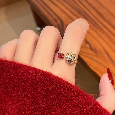 新款红色爱心招财猫戒指开口戒指