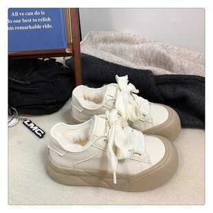 奶ff厚底大头面包鞋2025冬季加绒小白鞋女港风街拍皮面保暖棉鞋