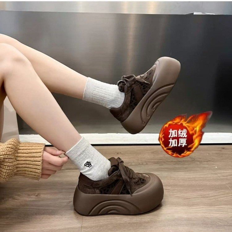 厚底豹纹面包鞋女2025秋冬新款加绒韩版百搭复古网红爆款棉鞋