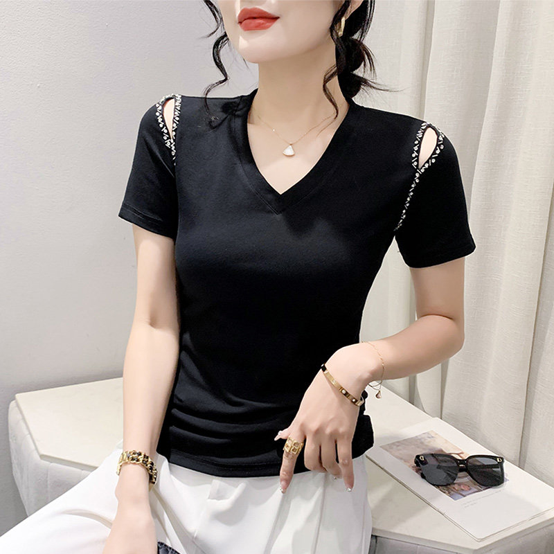 性感镂空露肩v领女短袖重工烫钻钉珠拼接黑色上衣洋气修身小衫ins