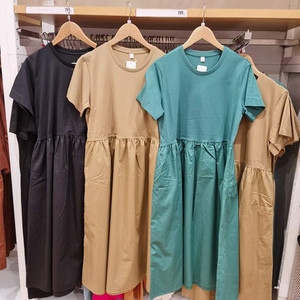 试衣间女装2023夏圆领显瘦拼接宽松喇叭型短袖中长款连衣裙458682