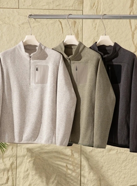 飞禽系列！茑版！针织肌理自发热保暖卫衣男套头半拉链抓绒衣外套