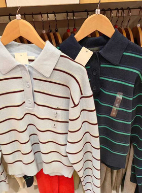 女装26新款柔滑棉质POLO领条纹针织衫/套头毛衣毛衫482971/484503