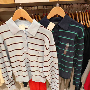 女装26新款柔滑棉质POLO领条纹针织衫/套头毛衣毛衫482971/484503