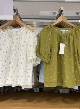 日单女夏季麻混纺印花泡泡袖衬衫短袖圆领打褶衬衣C475655/477604