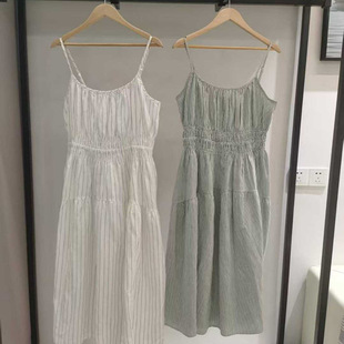 477310 477309 麻混紡條紋吊帶收腰顯瘦連衣裙中長(zhǎng)裙477700 女夏季
