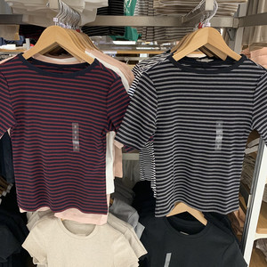 日单女装25春夏罗纹船领条纹T恤/五分袖短袖修身打底套头衫475842