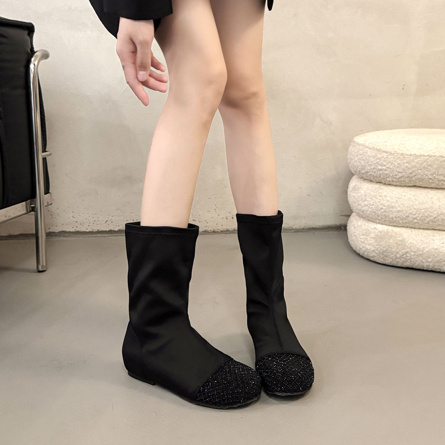 黑色亮片拼接短筒弹力瘦瘦女靴