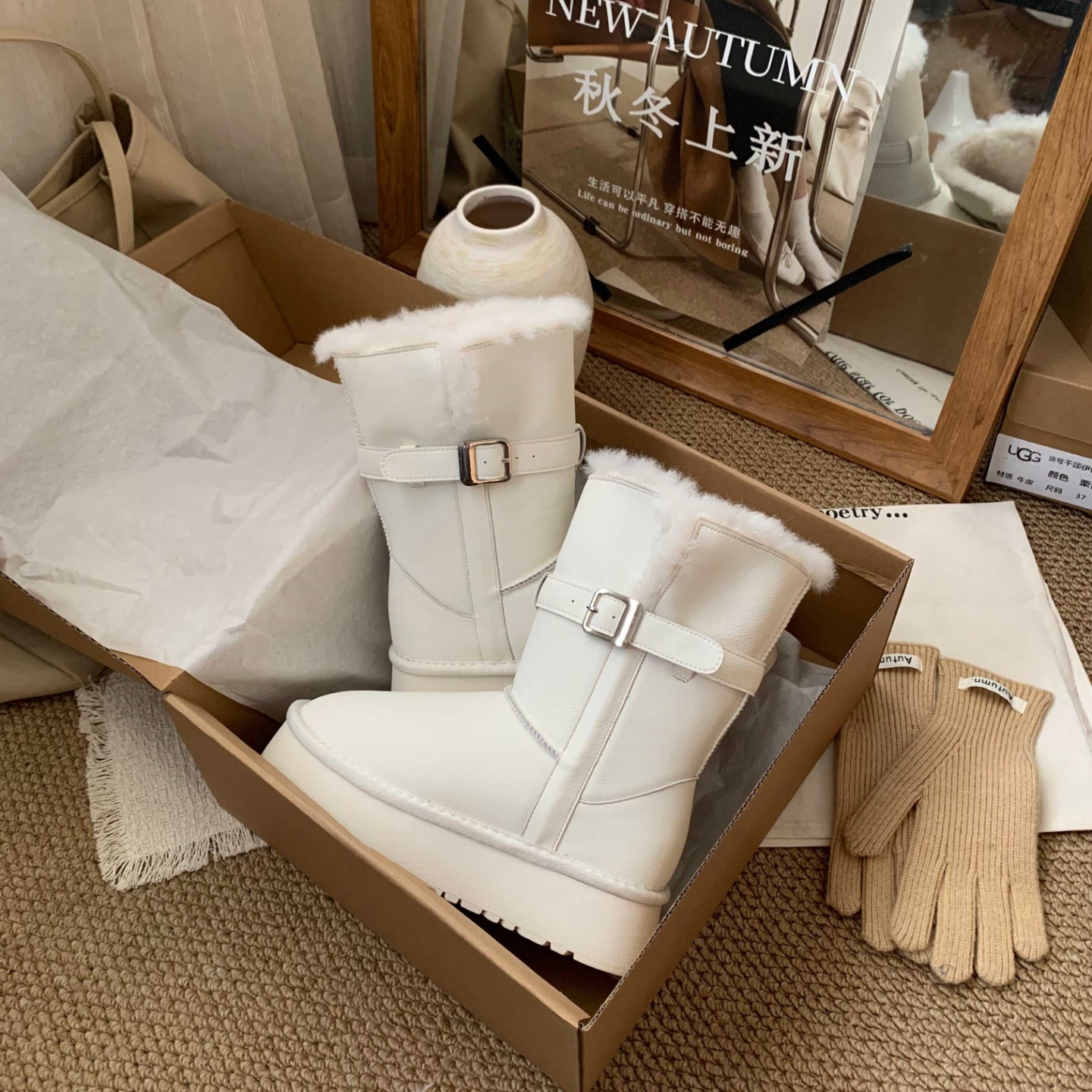 2025新款真皮羊羔绒里厚底雪地靴