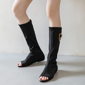 薄款 百搭套筒不过膝女靴百搭显瘦露趾高筒靴 弹力布鱼嘴靴透气时尚