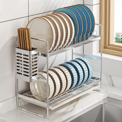 免安装304不锈钢碗架沥水架窄款碗碟厨房置物架双层整体橱柜碗盘