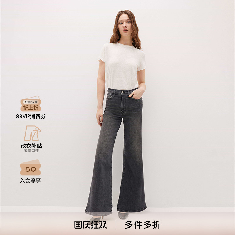 牛仔黑色阔腿裤高腰牛仔裤