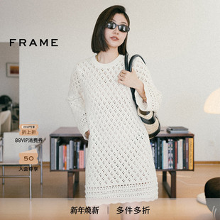 FRAME女士米色镂空长袖 针织连衣裙圆领短裙