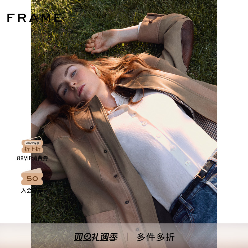 【2025秋季新款】FRAME女士复古猎装巴恩风中长翻领拼接夹克外套