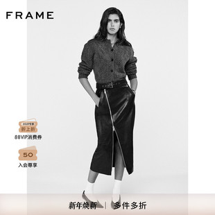 FRAME女士黑色斜拉链高腰羊皮革半身裙长裙