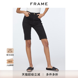 五分褲 FRAME女士夏季 騎行褲 美式 黑白高腰微彈牛仔短褲 復(fù)古