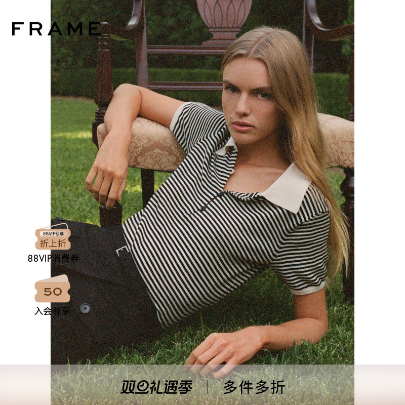 【2025秋季新款】FRAME女士复古美式翻领条纹短袖POLO上衣
