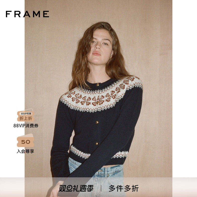 【2025秋季新款】FRAME女士宽松百搭费尔岛圆领针织开衫毛衣上衣