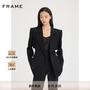 FRAME女士黑色绵羊毛混纺西服外套垫肩收腰